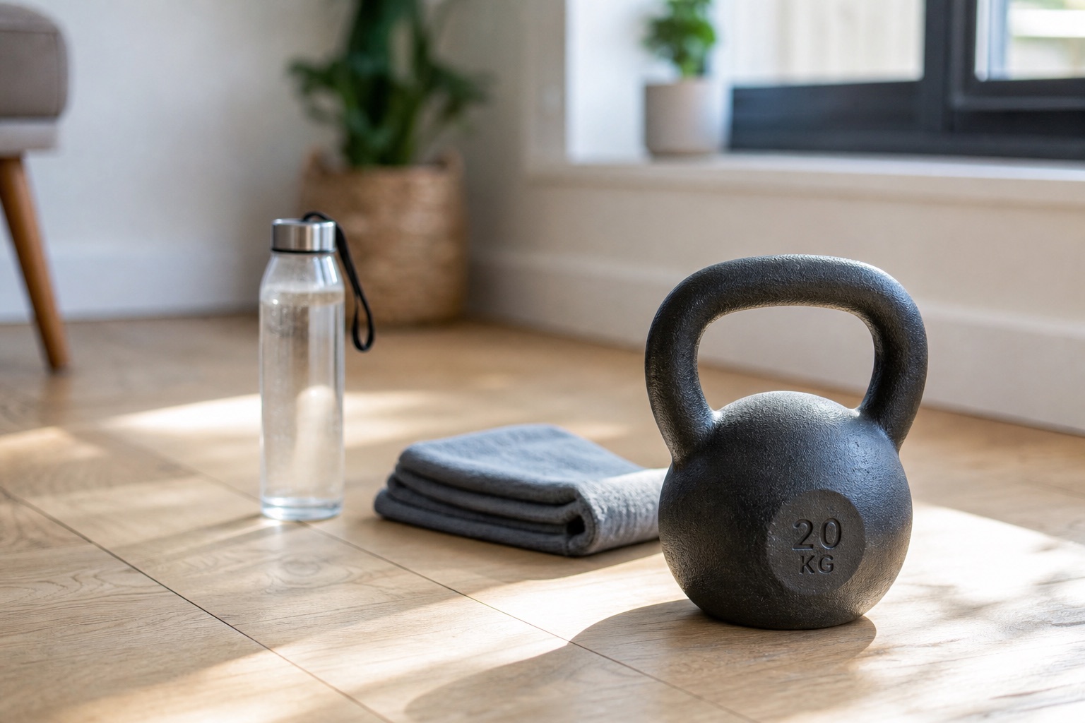 Dunkle Kettlebell auf hellem Holzboden neben einem gefalteten Handtuch und einer Wasserflasche in einem hellen Raum