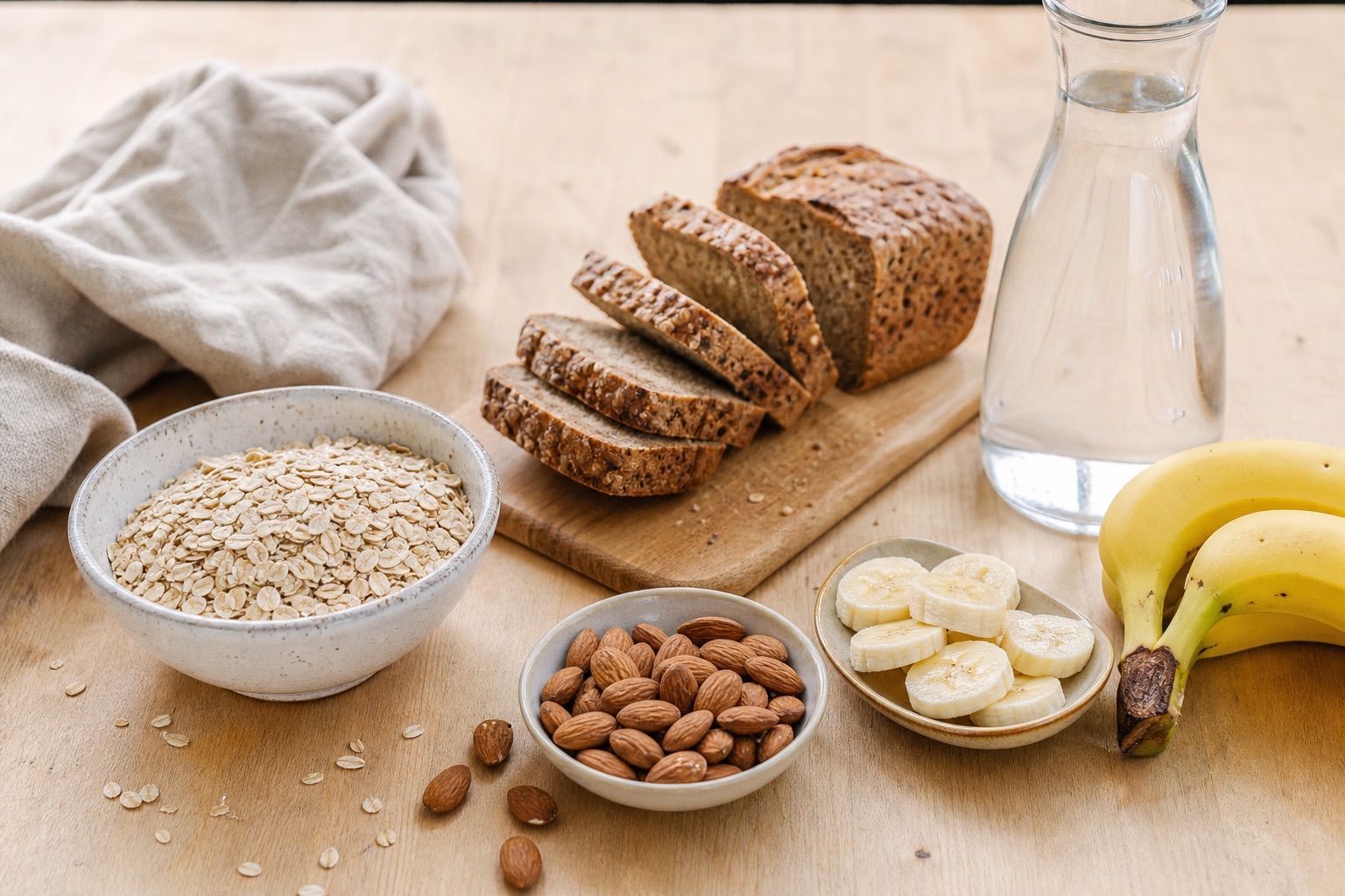 Frühstück mit Haferflocken, Vollkornbrot, Banane, Nüssen und einer Karaffe Mineralwasser auf hellem Holztisch in sanftem Seitenlicht